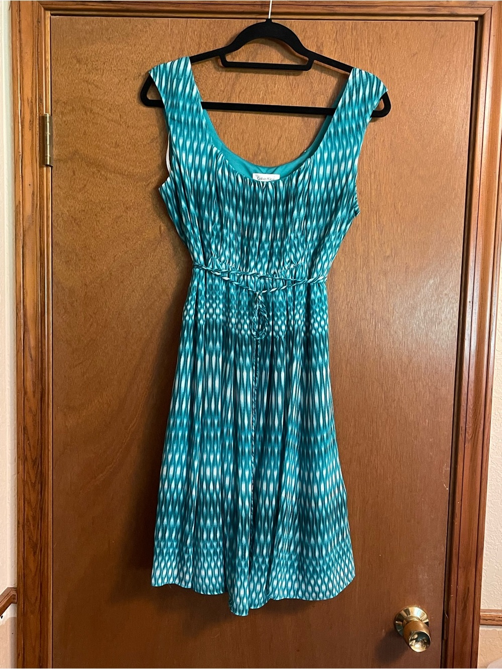 Calvin Klein Teal Ikat Patterned Sleeveless Dress